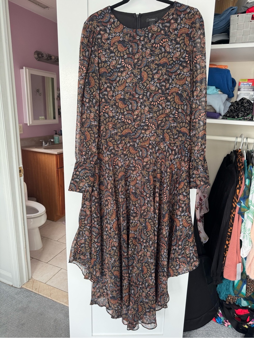 Halogen Black Paisley Asymmetrical Midi Dress with Rust Accents
